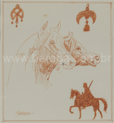 Desenho de esboço para trabalho em bico de pena de cavalos árabes - não datado